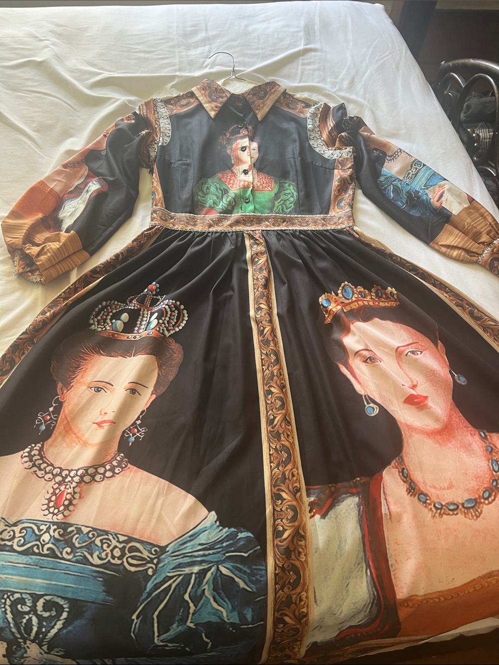 Black Renaissance Portrait Print Long-Sleeve Shirtwaist Dress.